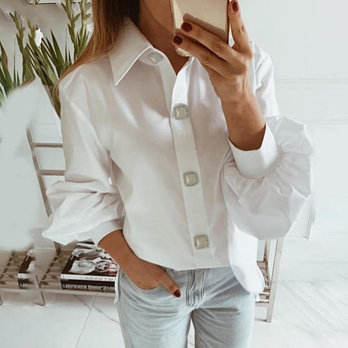 Office Women Blouse 2019 Fashion Fall Long Lantern Sleeve Elegant Shirts Korean Work Tops Female Clothing White Shirt Women Tops