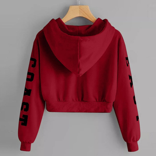 Teenager Girls Long Sleeve Hoodie Sweatshirt Crop Top Letter Print Blouse Shirts Red Khaki Yellow Woman Cropped Sweatshirts 908