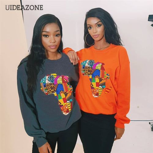 UIDEAZONE Colorful Africa Map Print Women Hoodies O Neck Casual Printed Pullovers Ladies Sweatshirts 2019 Autumn Streetwear