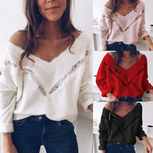 Load image into Gallery viewer, 2019 Sexy Low Cut Lace Patchwork White Long Sleve Women Blouse Sexy Tops and Blouse Fall Tops Women