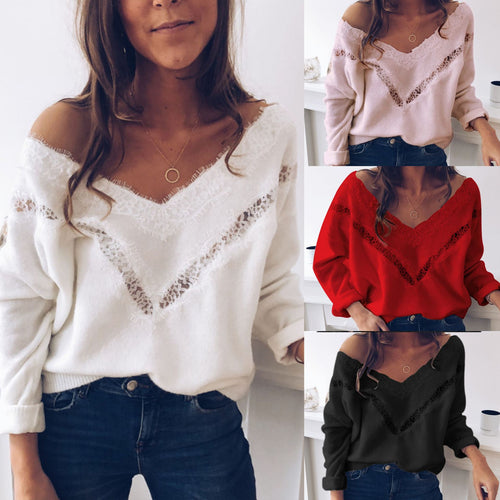 2019 Sexy Low Cut Lace Patchwork White Long Sleve Women Blouse Sexy Tops and Blouse Fall Tops Women