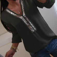 Load image into Gallery viewer, Plus Size Women V-neck Long Sleeve Chiffon Shirt Casual Loose Sequin Top Sequined 2019 Summer Fashion Ladies Blouse blusa