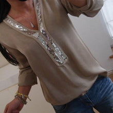 Load image into Gallery viewer, Plus Size Women V-neck Long Sleeve Chiffon Shirt Casual Loose Sequin Top Sequined 2019 Summer Fashion Ladies Blouse blusa