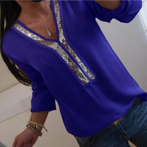 Plus Size Women V-neck Long Sleeve Chiffon Shirt Casual Loose Sequin Top Sequined 2019 Summer Fashion Ladies Blouse blusa