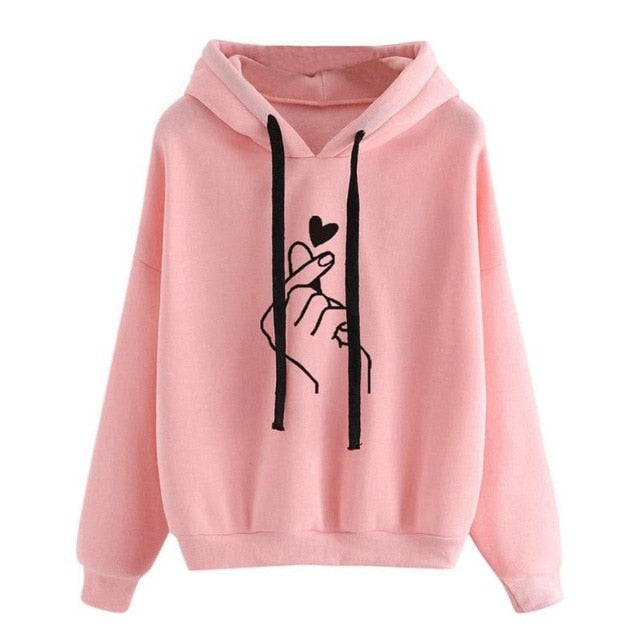Casual Cute Finger Heart Print Women Hoodies Loose Daily Basic Sweatshirt