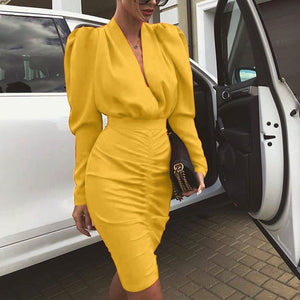 Fanbety Office Lady Autumn Pleated bodycon Dress Women Puff Long Sleeve Slim Club Party Dress Elegant Sexy V-neck workwear dress