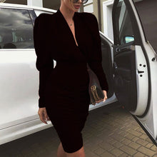 Load image into Gallery viewer, Fanbety Office Lady Autumn Pleated bodycon Dress Women Puff Long Sleeve Slim Club Party Dress Elegant Sexy V-neck workwear dress