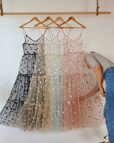 Womens Lace Mesh Spaghetti Straps See Through Cover Sexy See Through Baggy Ladies Stars Beach Bling Bling Long Dress