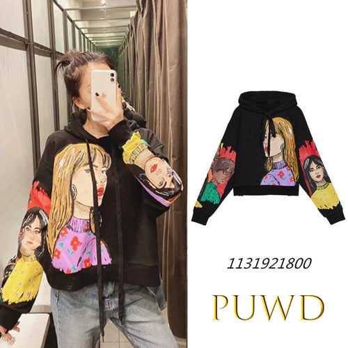 PUWD women charater print black sweatshirts oversize long sleeve O neck loose pullovers casual female tops 01131921800